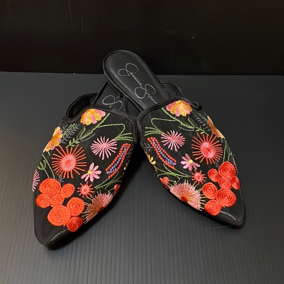 Jessica Simpson Shoes - Jessica Simpson Embroidered Floral/Black Mesh Mules - 9.5